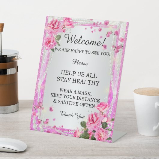 ピンクのバラと真珠結婚の安全 台座サイン (インサイチュ)