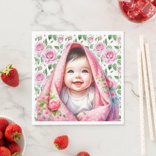 ピンクのバラと笑顔のベビーガールのベビーシャワー スタンダードランチョンナプキン (インサイチュ)