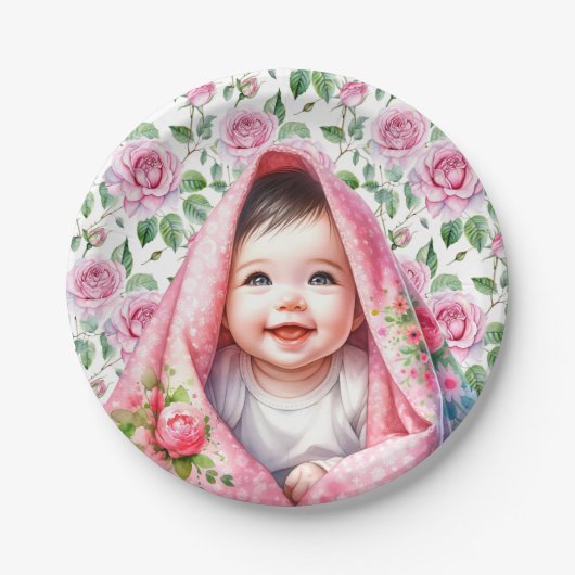 ピンクのバラと笑顔のベビーガールのベビーシャワー ペーパープレート (正面)