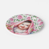 ピンクのバラと笑顔のベビーガールのベビーシャワー ペーパープレート (アングル)