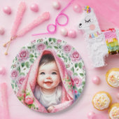 ピンクのバラと笑顔のベビーガールのベビーシャワー ペーパープレート (パーティー)