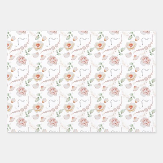 ピンクのバラと結婚真珠の水色 ラッピングペーパーシート (正面)