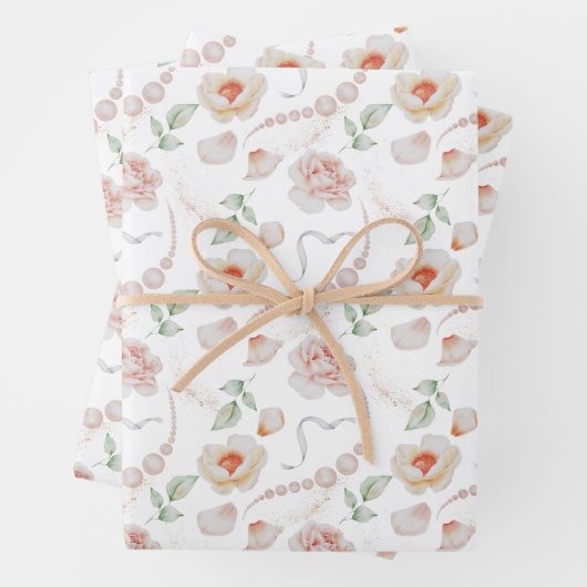 ピンクのバラと結婚真珠の水色 ラッピングペーパーシート (インサイチュ)