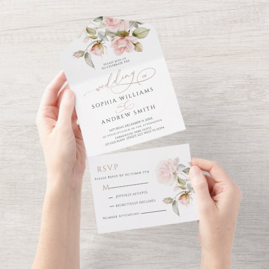 ピンクのバラと結婚緑の全てがワンインビタ オールインワン招待状 (貼ってはがせる)