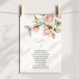 ピンクのバラと緑のテーブル番号1シーティングチャート 招待状