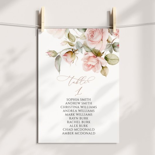 ピンクのバラと緑のテーブル番号1シーティングチャート 招待状