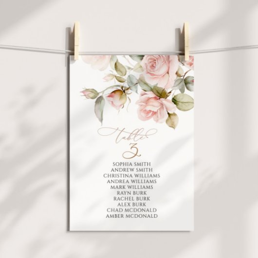 ピンクのバラと緑のテーブル番号3シーティングチャート 招待状