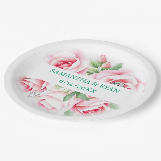 ピンクのバラと緑の葉のウェディングパーソナライズ ペーパープレート (アングル)
