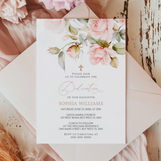 ピンクのバラと緑の葉の献堂式の招待状 招待状