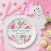 ピンクのバラと緑の葉の結婚式パーソナライズ ペーパープレート (パーティー)