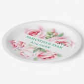 ピンクのバラと緑の葉の結婚式 パーソナライズ ペーパープレート (アングル)
