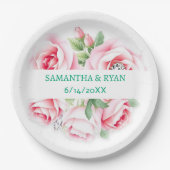 ピンクのバラと緑の葉の結婚式 パーソナライズ ペーパープレート (正面)
