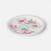 ピンクのバラと緑の葉の結婚式 パーソナライズ ペーパープレート (アングル)