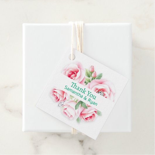 ピンクのバラと緑の葉結婚の感謝 フェイバータグ (インサイチュ)