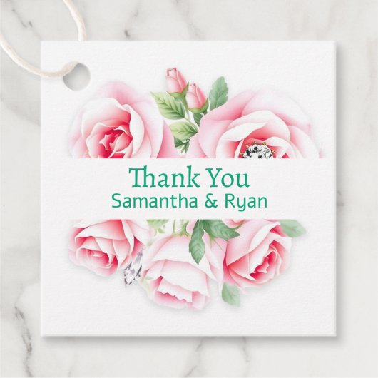 ピンクのバラと緑の葉結婚の感謝 フェイバータグ (正面)