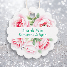 ピンクのバラと緑の葉結婚の感謝 フェイバータグ