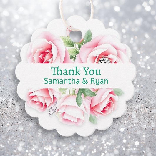 ピンクのバラと緑の葉結婚の感謝 フェイバータグ