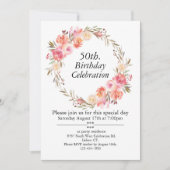 ピンクのバラと緑、カスタマイズ可能な50th誕生日 招待状 (正面)