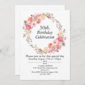 ピンクのバラと緑、カスタマイズ可能な50th誕生日 招待状 (正面/裏面)