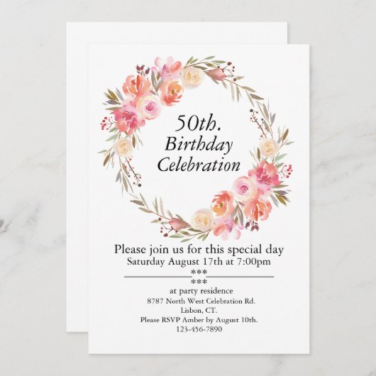ピンクのバラと緑、カスタマイズ可能な50th誕生日 招待状 (正面/裏面)