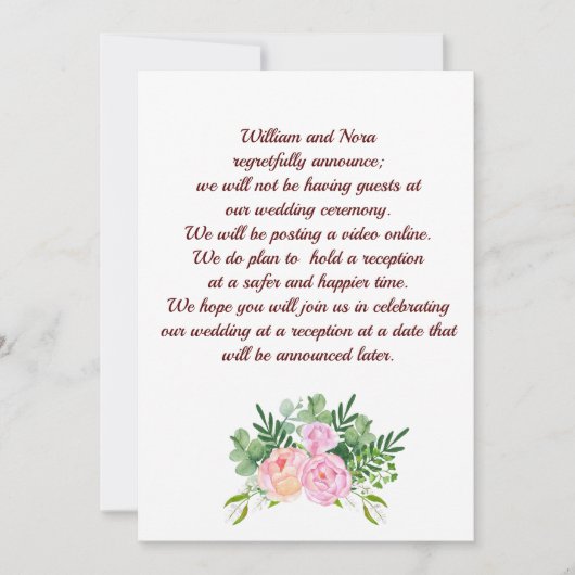 ピンクのバラと芍薬を添えて、結婚式の計画を変更 案内状 (正面)