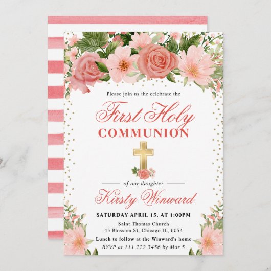ピンクのバラと花が聖餐式に 招待状 (正面/裏面)