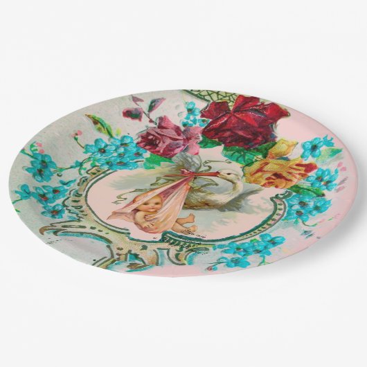ピンクのバラと花とコウノトリ赤ちゃん女の子シャワー ペーパープレート (アングル)