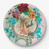 ピンクのバラと花とコウノトリ赤ちゃん女の子シャワー ペーパープレート (正面)