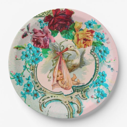 ピンクのバラと花とコウノトリ赤ちゃん女の子シャワー ペーパープレート (正面)