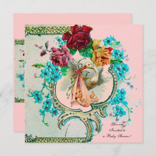 ピンクのバラと花とコウノトリ赤ちゃん女の子シャワー 案内状 (正面/裏面)
