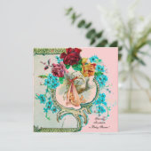 ピンクのバラと花とコウノトリ赤ちゃん女の子シャワー 案内状 (スタンド正面)