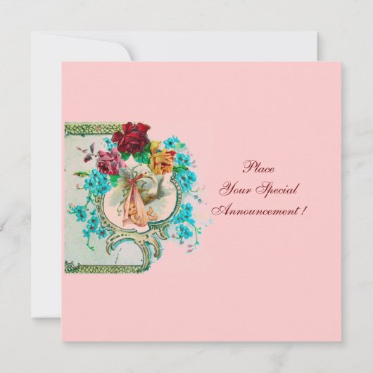 ピンクのバラと花とコウノトリ赤ちゃん女の子シャワー 案内状 (裏面)