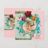ピンクのバラと花のツルリンドウの赤ちゃんの女の子のシャワー 案内状 (正面/裏面)
