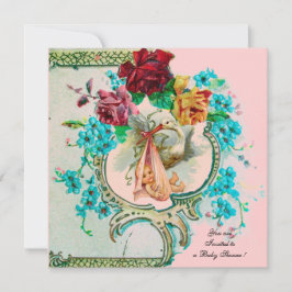 ピンクのバラと花のツルリンドウの赤ちゃんの女の子のシャワー 案内状