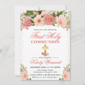 ピンクのバラと花のファーストホーリーコミュニオン 招待状 (正面)