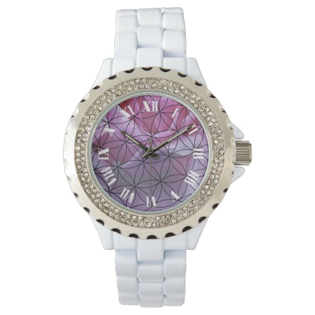 ピンクのバラと花の柄 腕時計 (正面)