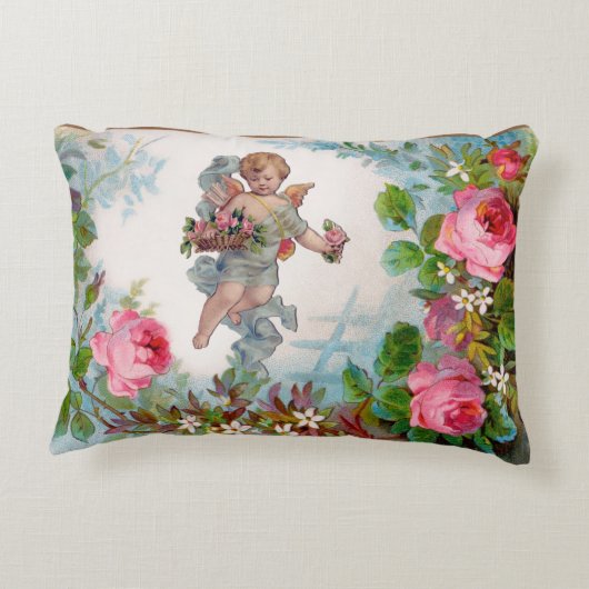 ピンクのバラと花を集めるロマンチックな天使 アクセントクッション (裏面)