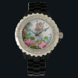 ピンクのバラと花を集めるロマンチックな天使 腕時計<br><div class="desc">キュピッエレガントドとピンクのバラ、クリスマスとバレンタインのデジタルグラフィックとデザインのためのヴィンテージスタイルデザインBulgan Lumini (c)</div>