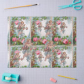 ピンクのバラと花を集めるロマンチックな天使 薄葉紙 (クラフト)