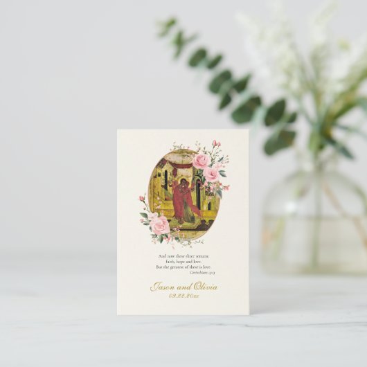 ピンクのバラと芽オーソドックス結婚の祈りの言葉カード プレイスカード (スタンド正面)