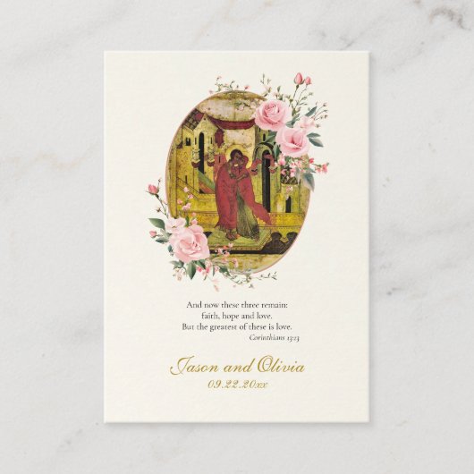 ピンクのバラと芽オーソドックス結婚の祈りの言葉カード プレイスカード (正面)