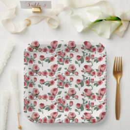 ピンクのバラと葉の模様 ペーパープレート
