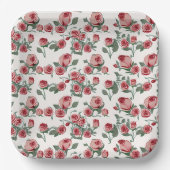 ピンクのバラと葉の模様 ペーパープレート (正面)