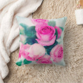 ピンクのバラと葉 クッション (ブランケット)