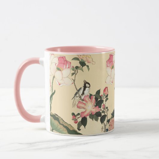 ピンクのバラと蓮の花を持つ小鳥 マグカップ (左)