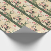 ピンクのバラと蓮の花を持つ小鳥 ラッピングペーパー (角)