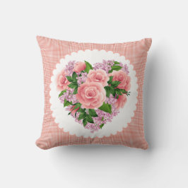 ピンクのバラと薄紫の花の枕ハート クッション