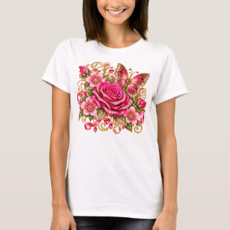 ピンクのバラと蝶のスパークリングフラワーロンT Tシャツ