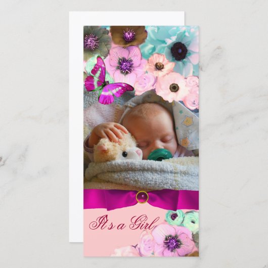 ピンクのバラと蝶の新生児写真テンプレート 案内状 (正面/裏面)