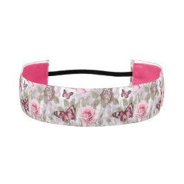 ピンクのバラと蝶の水色フローラ アスレチックヘッドバンド
